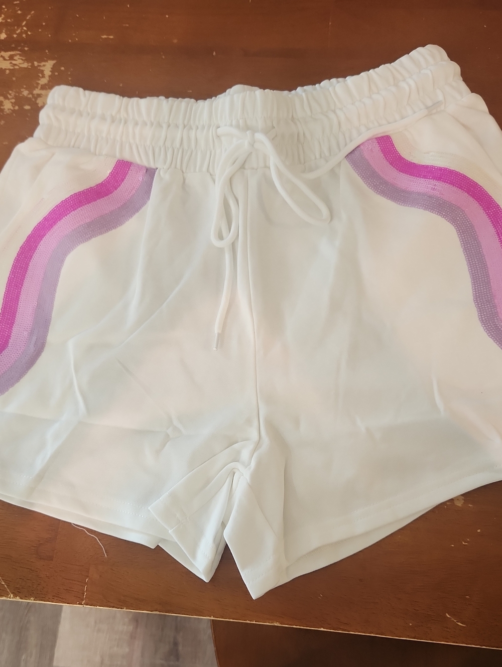 white birch White Athletic Shorts with Pink & Lavender Wave Stripes NWT